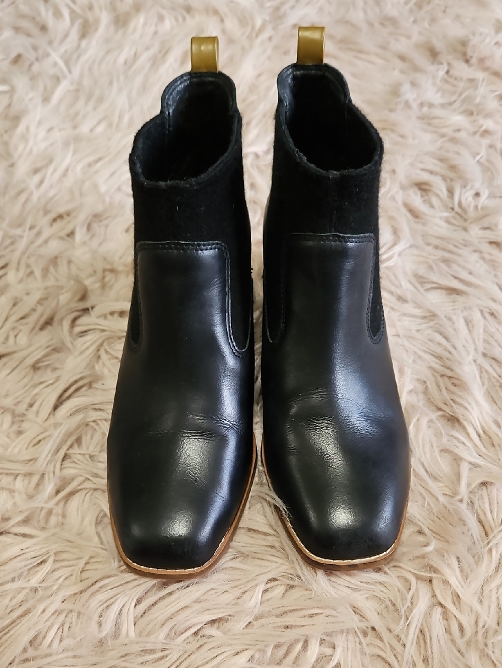 Women’s Black Leather Chelsea Ankle Boots with Gold Pull Tabs